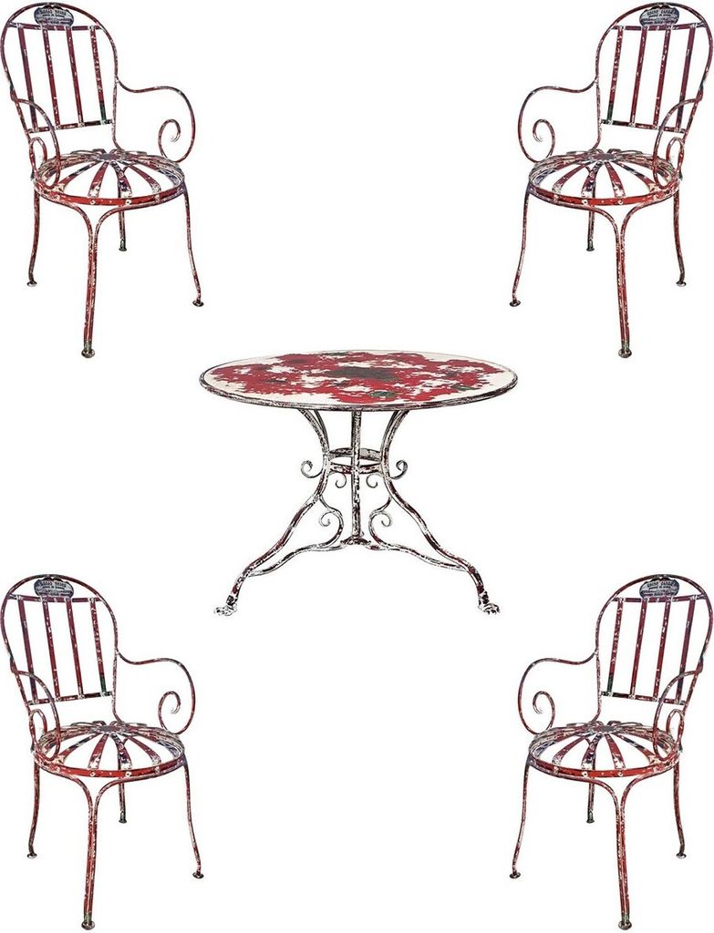 Casa Padrino Jugendstil Schmiedeeisen Gartenmöbel Set Antik Rot / Weiß - 1 Garten Tisch & & 4 Garten Stühle mit Armlehnen - Barock & Jugendstil ...