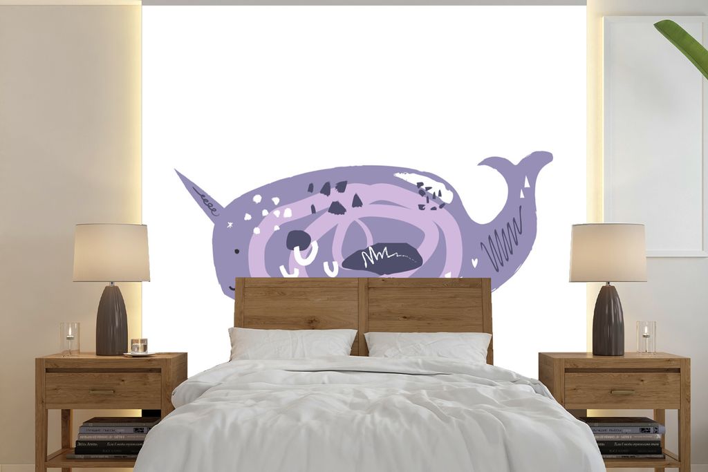 MuchoWow Fototapete für Wohnzimmer oder Schlafzimmer Wandtapete Vinyl Motivtapete Narwal - Lila - Pastell - 300x300 cm - Wanddekoration