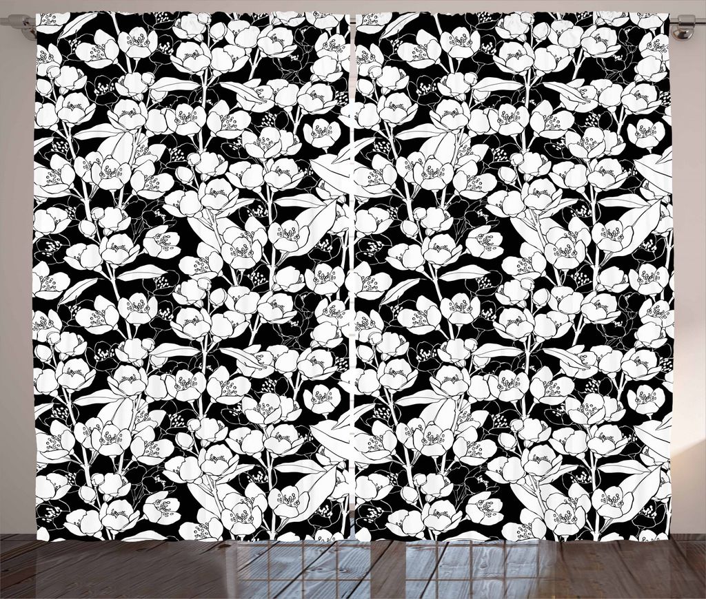 ABAKUHAUS Jasmin Rustikaler Gardine, Blühender Jasmin Muster, Schlafzimmer Kräuselband Vorhang mit Schlaufen und Haken, 280 x 245 cm, Charcoal Gr...