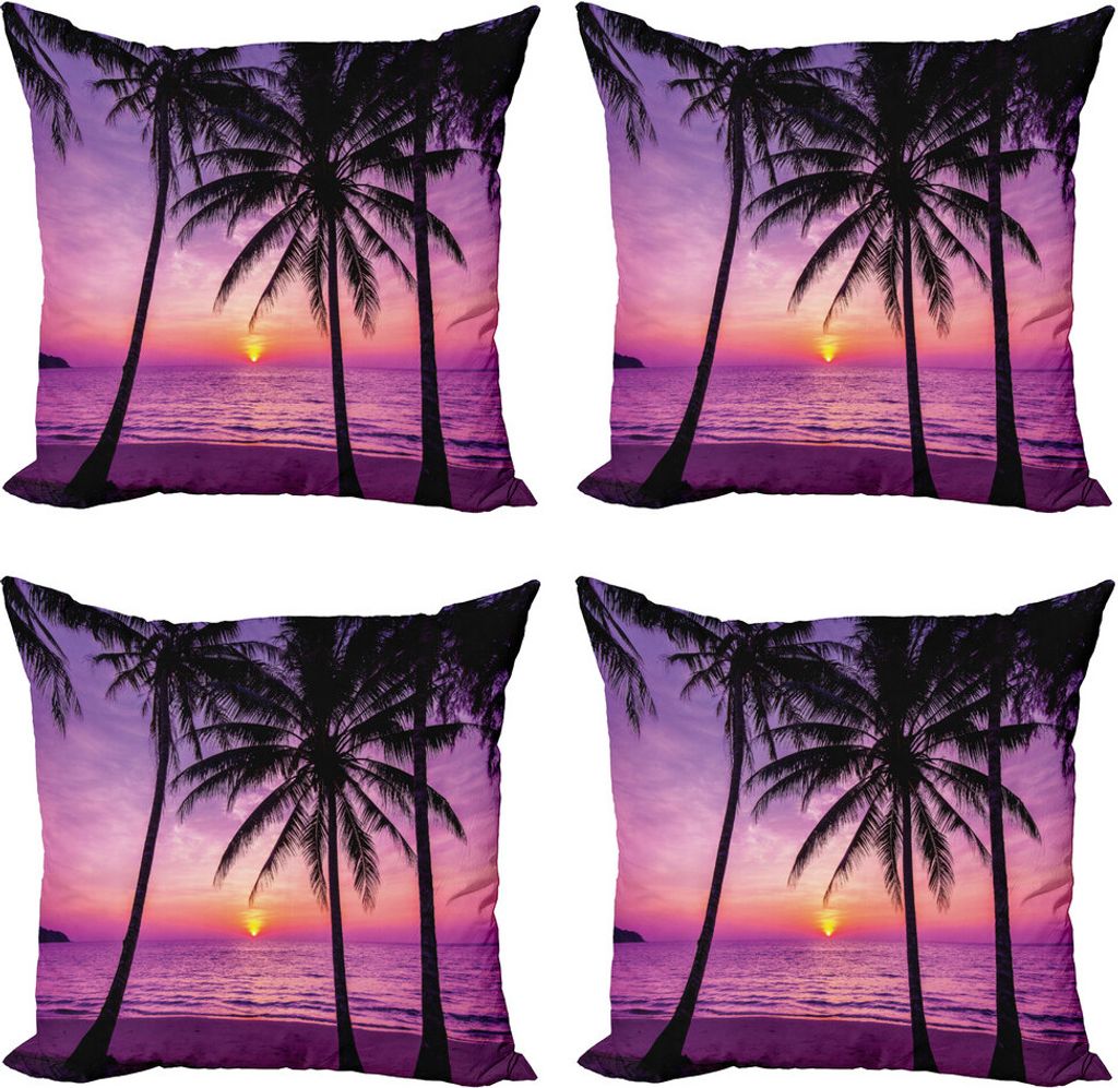 ABAKUHAUS Ozean Kissenbezug Set (4 Stück), Palmen Silhouette Lila, Moderner Doppelseitiger Digitaldruck, 40 cm x 40 cm, lila Schwarz