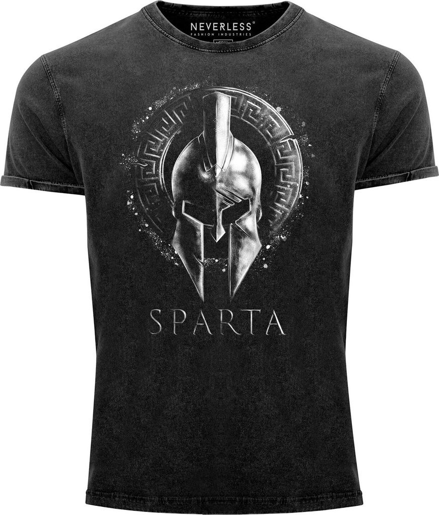 Herren Vintage Shirt Aufdruck Sparta Helm Krieger Warrior Printshirt T-Shirt Used Look Slim Fit Neverless schwarz schwarz S