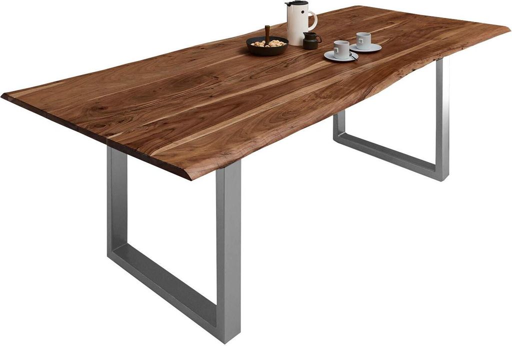 Esszimmertisch 240x100 cm Milo, echte Baumkante, nussbaumfarben, massiver Esstisch aus Akazienholz, Metallbeine Silber, Baumkantentisch