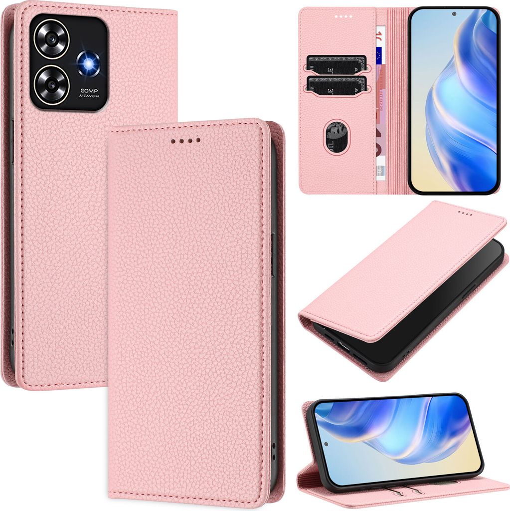 Litchi Leder Handyhülle für ZTE Blade A73 4G Wallet Kartenfächer Standfunktion Hülle Pink