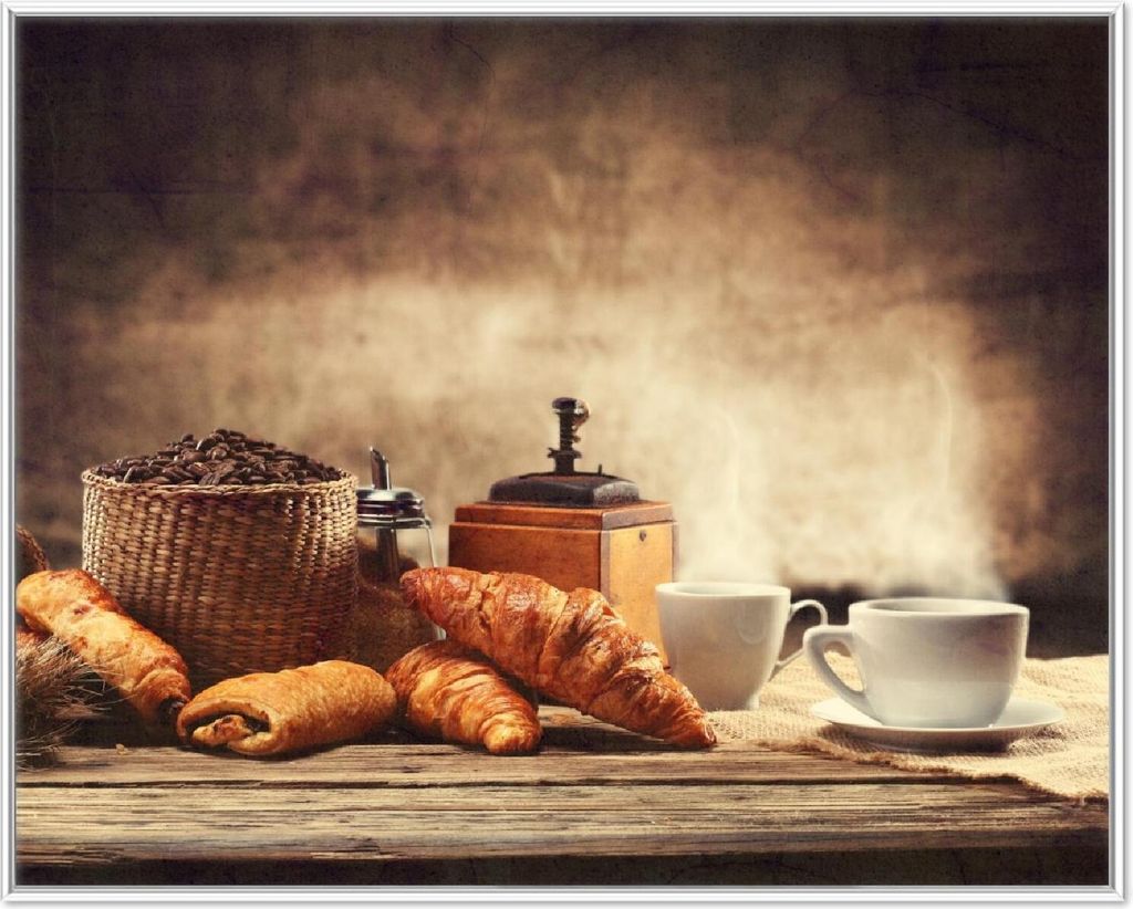 Wallario Wandbild Französisches Frühstück mit Café und Croissants, Größe: 40,30 x 50,30 cm, Poster mit weißem Aluminiumrahmen