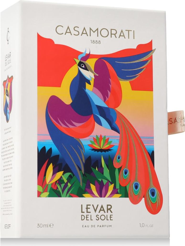 A white box with colorful artwork of a bird and plants, representing perfume packaging.