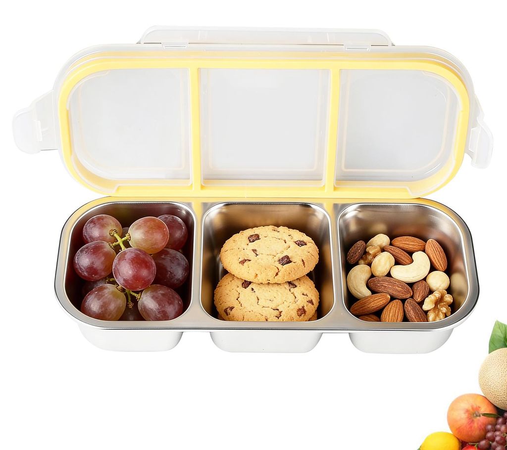 Snackbox mit Fächern, Edelstahl-Snacktablett mit 3 Fächern, auslaufsicherer Snackbehälter, Kinder-Lunchbox, Lunchbox mit Fächern, Bento-Box fü...