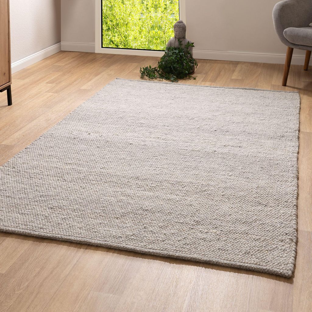 Steffensmeier Handwebteppich Leo | Schurwolle | Wohnzimmer | Grau Beige, handgewebt, Größe: 200x290 cm
