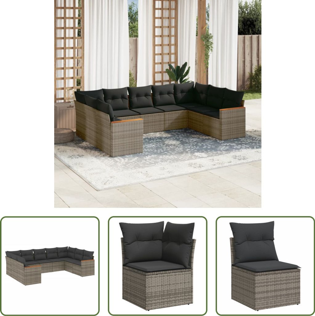 The Living Store 9-tlg. Garten-Sofagarnitur mit Kissen Grau Poly Rattan