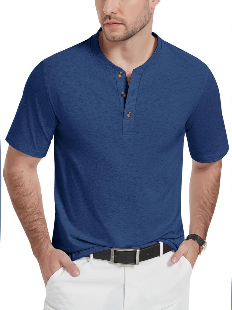 KEFITEVD Herren Henley Shirt Baumwolle Polo Ohne Kragen Blau M