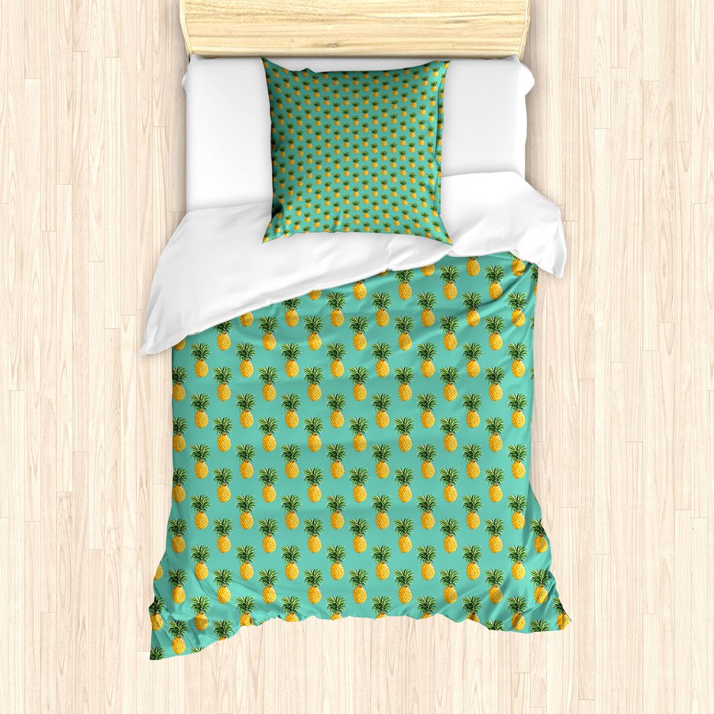 ABAKUHAUS Obst Bettbezug Set für Einzelbetten, Tropische Ananas-Blätter, Milbensicher Allergiker geeignet mit Kissenbezug, 135 cm x 200 cm - 80 x...