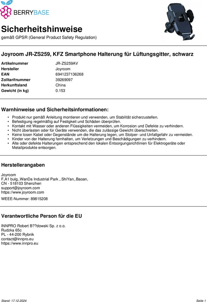 Joyroom Držák telefonu do auta Mřížka ventilace černá Obrázek produktu 13