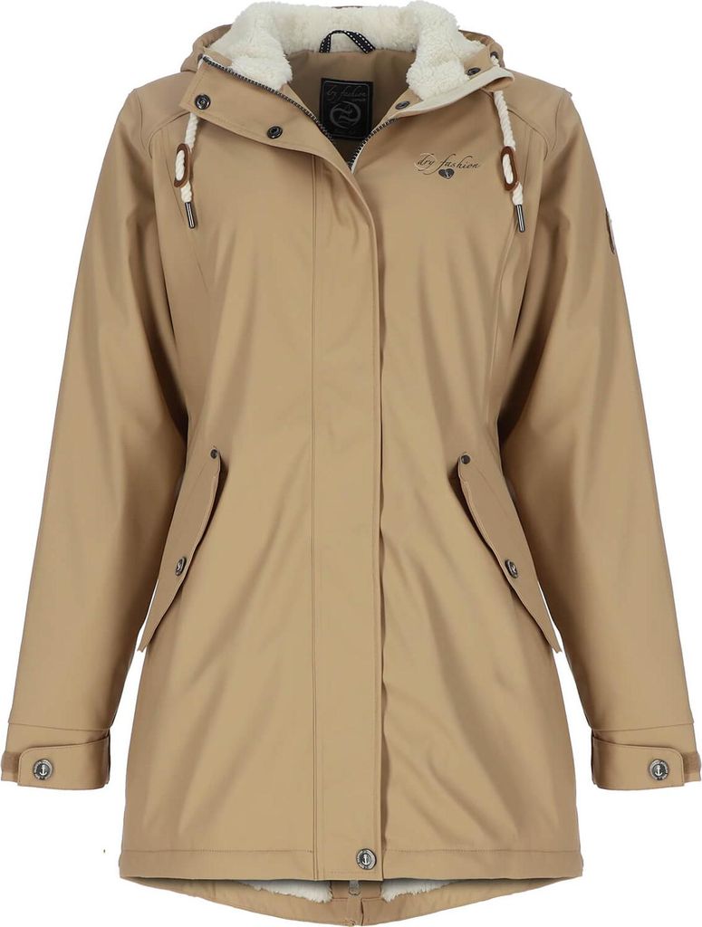 Dry Fashion Damen Regenmantel Malmö – Frauen Regenjacke Jacke mit Kapuze Lang Winddicht Wasserdicht Gefüttert mit Teddyfleece in Sand Größe 36