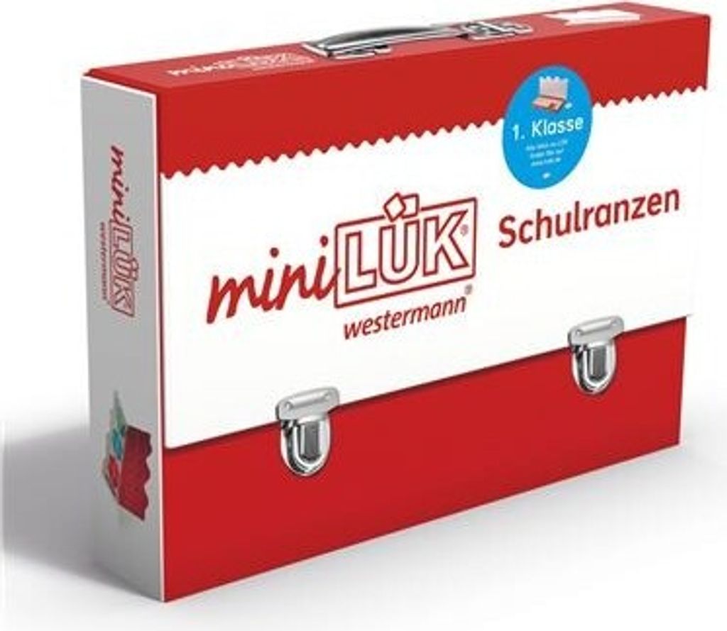 A red and white box designed to look like a briefcase, with branding and text indicating it is a school starter kit.