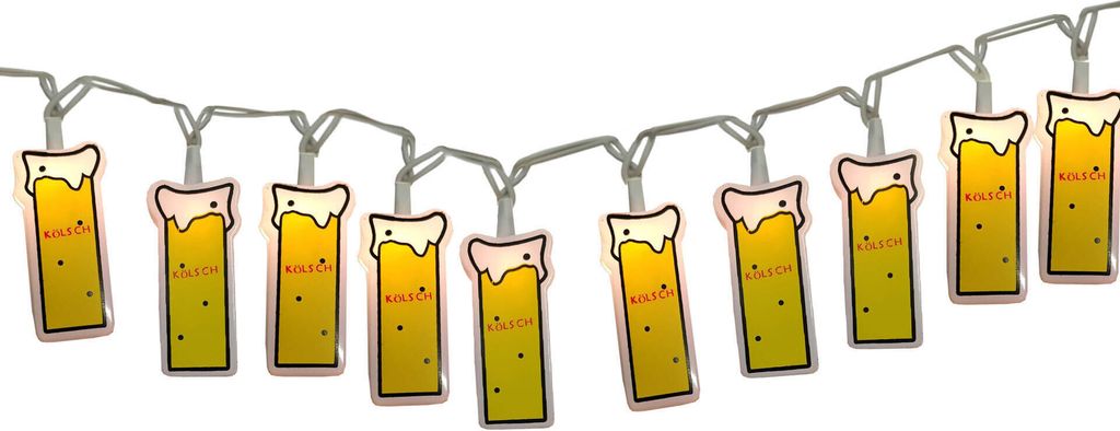 A string of decorative lights shaped like beer mugs.