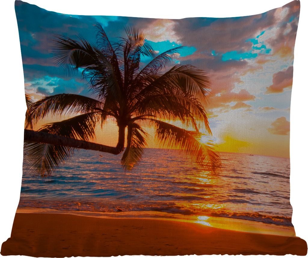 MuchoWow Outdoor Kissen - Palme - Sonnenuntergang - Horizont - Strand - Meer - Tropisch - 40x40 cm - Wetterfest - Lounge Kissen - Kopfkissen - In...