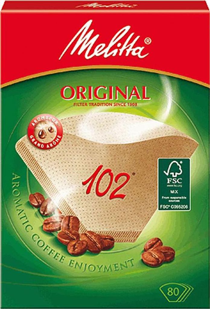 A box of Melitta Original 102 coffee filters.