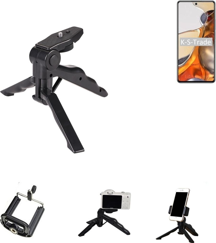 K-S-Trade Stativ Tisch-Ständer Dreibein Handy-Stativ Ständer kompatibel mit Xiaomi 11T Pro Mini-Stativ Smartphone Tripod Handy-Stativ aus Plastik