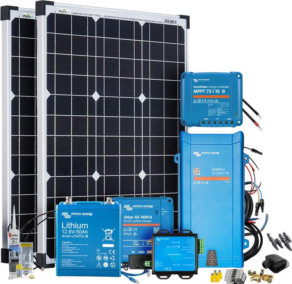 Offgridtec Mobil VeCore S 100W 640Wh Wohnmobil Solaranlage inkl. MultiPlus12/800/35 Wechselrichter, Batterieladegrät und Laderegler - schwarz