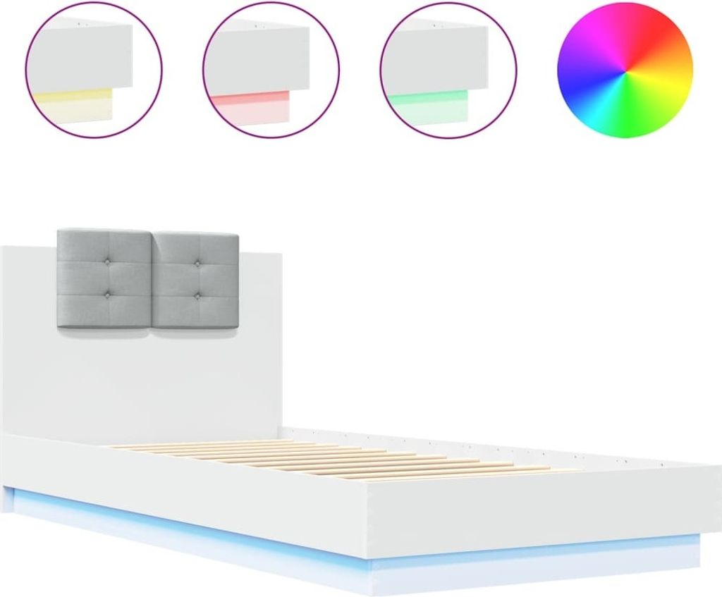 A white bed frame with a gray tufted headboard and LED lighting underneath.