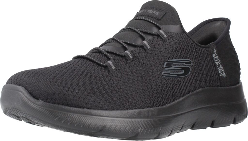 A black Skechers slip-on shoe is shown from the side against a white background.