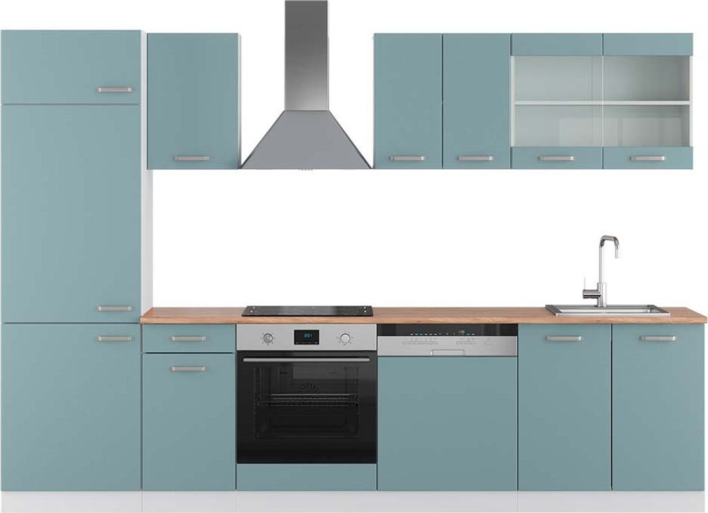 Küchenzeile Vicco R-Line Blau-Grau/Weiß 300 cm , AP Eiche, Model 42298