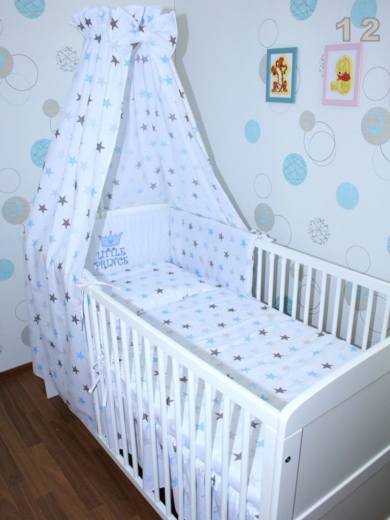 Primawela Baby Bettwäsche Set mit Applikation- 6 teiliges Set mit Vollstoff Himmel Bettset Nestchen -12.Prince-Star Blau