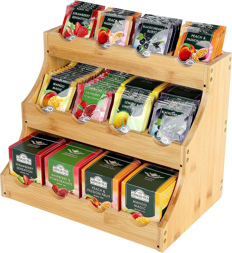 Bambus Theezakhouder mit 12 Fächern für lose Tees, Kaffee und Zucker - Vertikaler Tee-Organizer 30,7 x 25 x 20,5 cm