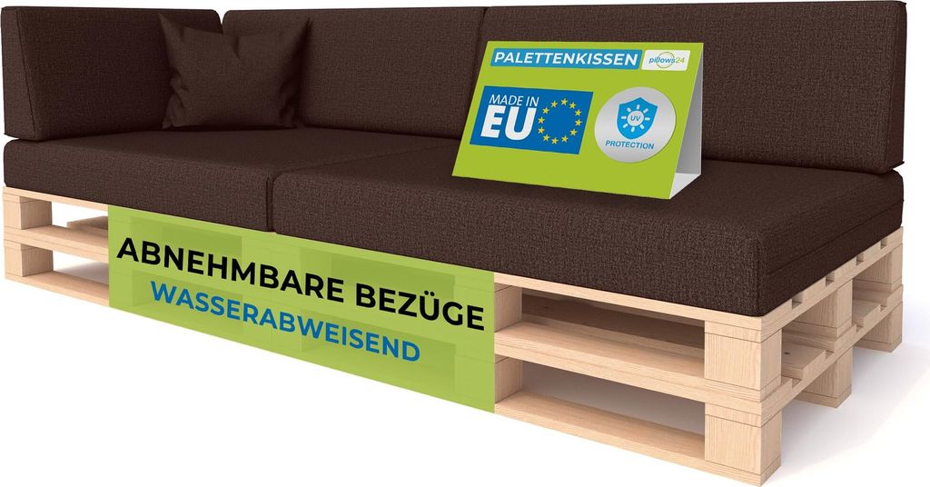 Pillows24 - Palettenkissen mit abnehmbarem Bezug - 6ER SET | Polster für Europaletten 120x80 Sofa - Wasserfest - Outdoor/Indoor | Braun