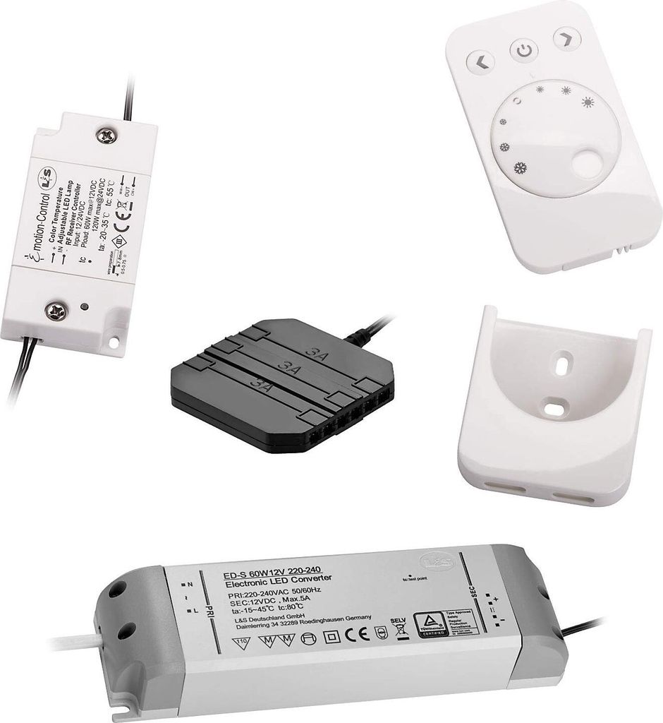 Emotion Steuerung 1-Kanal Starterset mit 12-fach Verteiler (miniAMP) inkl. 60W Konverter und Fernbedienung für LED Emotion System Trafo Farbwechse...
