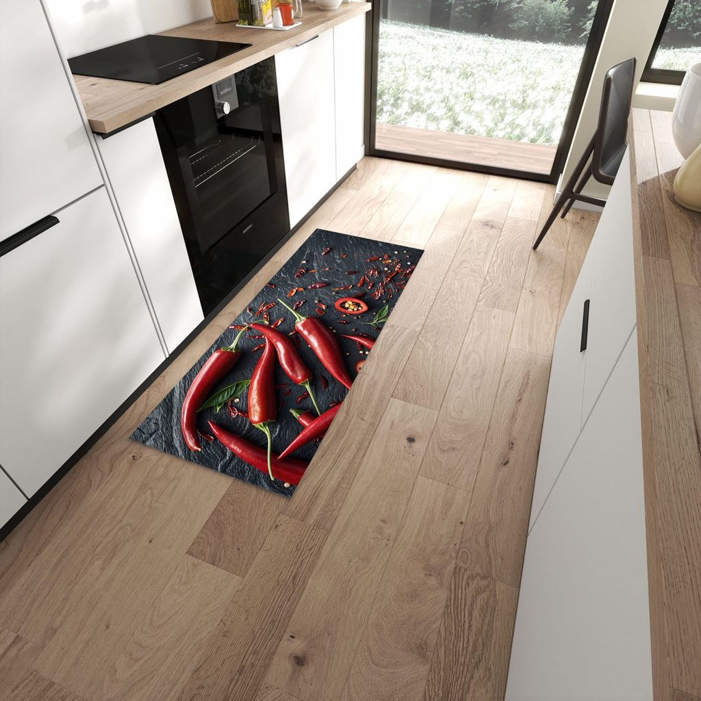 Küchenteppich 60x150cm rutschfest & abwischbar PVC Läufer - Rote Chili Schoten
