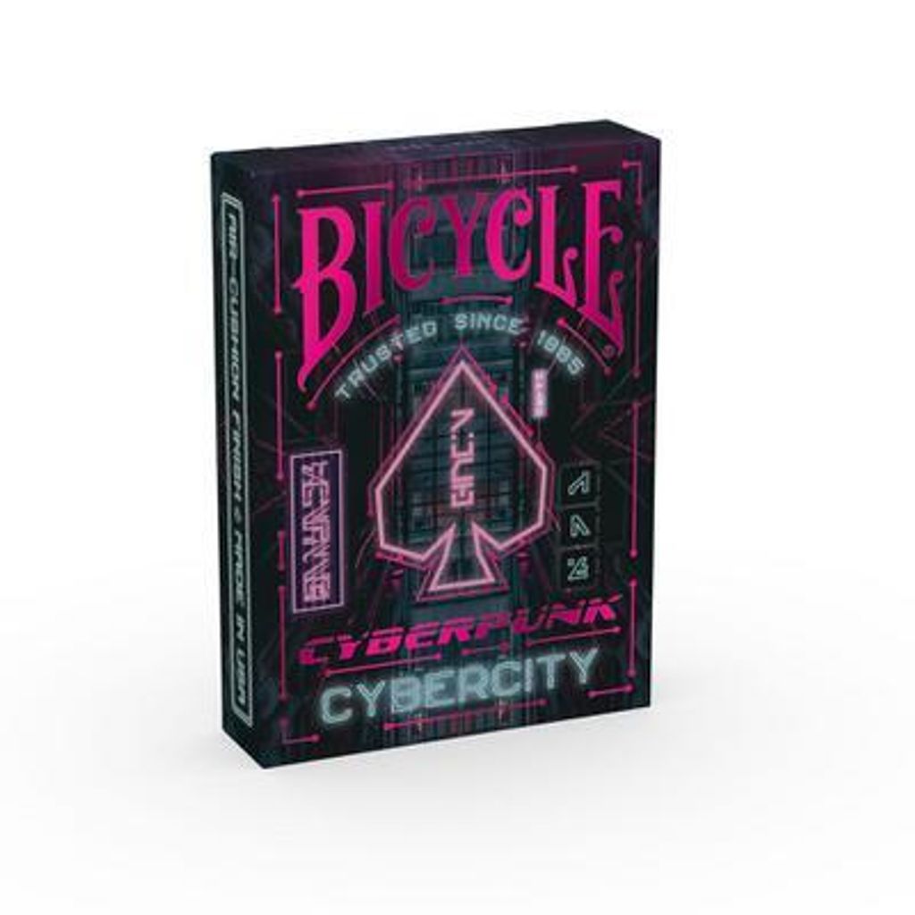 A Bicycle playing card deck with a cyberpunk theme.