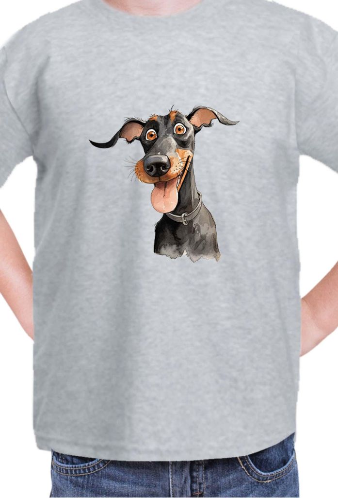 Kinder T-Shirt Funny Dogs Breeds Doberman Dog Breed, 7-8 Jahr - 128 / Grau