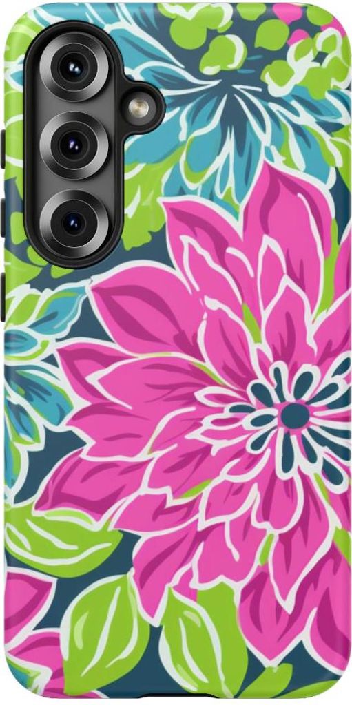 Strahlendes Blumenmuster mit pinken und blauen Blüten – Hülle Kompatibel mit Samsung Galaxy S25