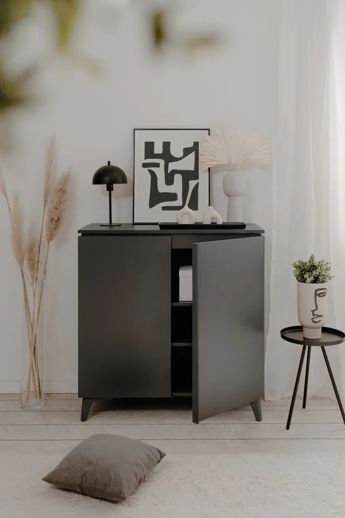 Petit Buffet de Rangement Bertrix Gris Anthracite - Meuble Bas 92cm - 3