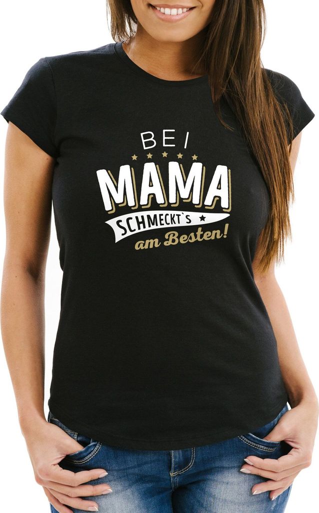 Damen T-Shirt Spruch bei Mama schmeckt's am besten Frauen Fun-Shirt Kochshirt Moonworks Mama schwarz XS