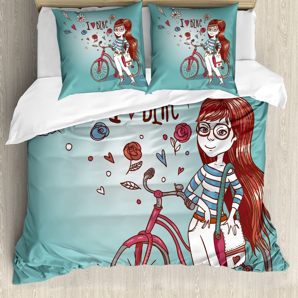ABAKUHAUS Karikatur Bettbezug, Mädchen mit Fahrrad, Milbensicher Allergiker geeignet mit Kissenbezügen, 200 cm x 200 cm - 80 x 80 cm, Getrocknete...