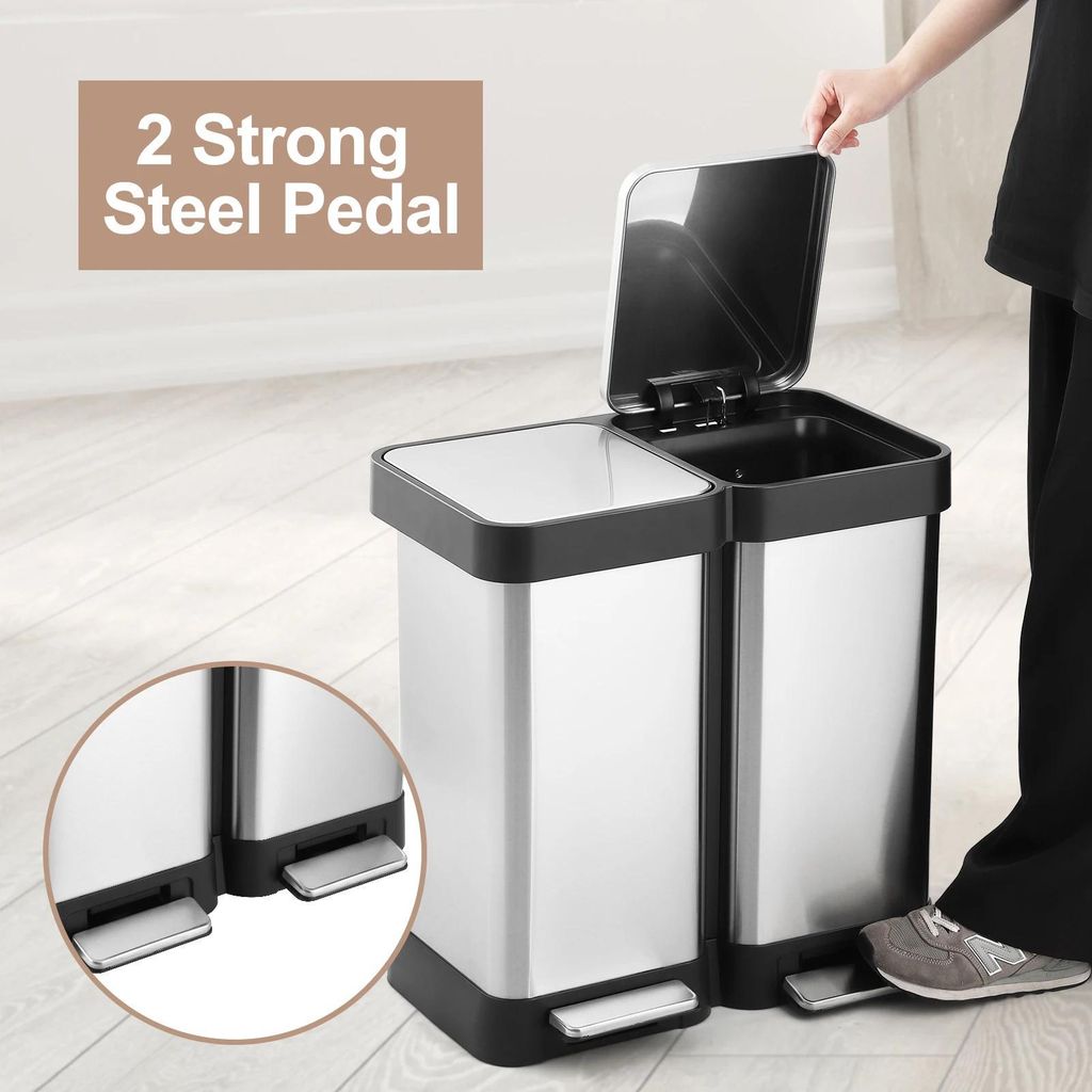 Mülleimer & Recyclingbehälter - 2-Fächer 38 l - Fingerabdruckresistent - Edelstahl - Doppeldeckel - Für Küche & Büro - Silber