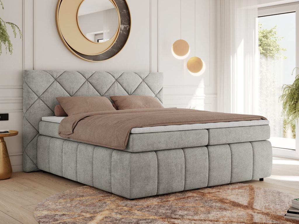 MKS MEBLE Boxspringbett 140x200 Hellgrau Struktur Matratze H4, Polsterbett 140x200, Bett 140x200, Boxspringbett 140x200 - Rita
