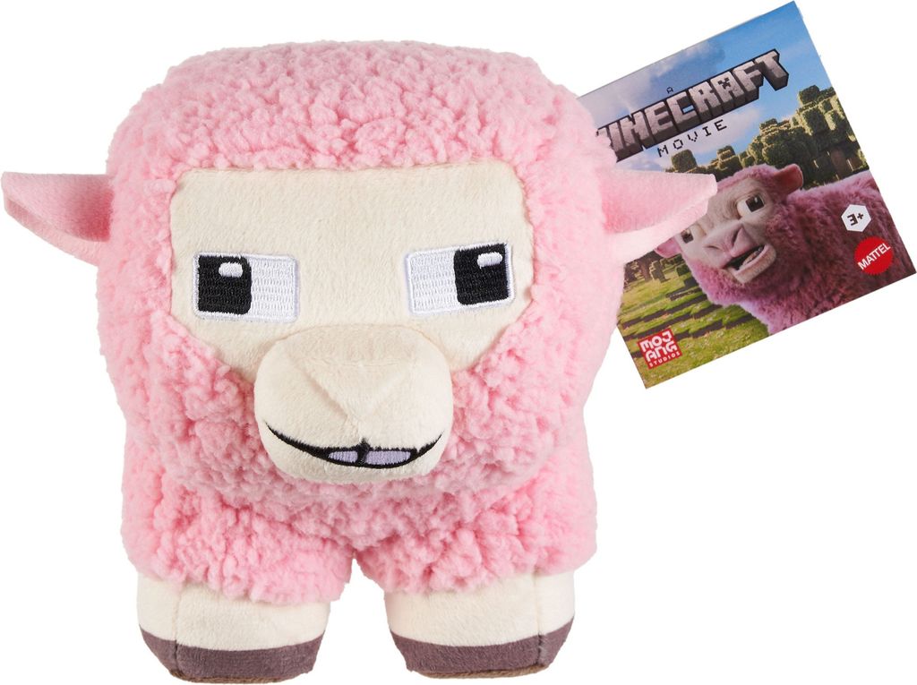 A close-up of a pink Minecraft sheep plush toy with a tag attached.