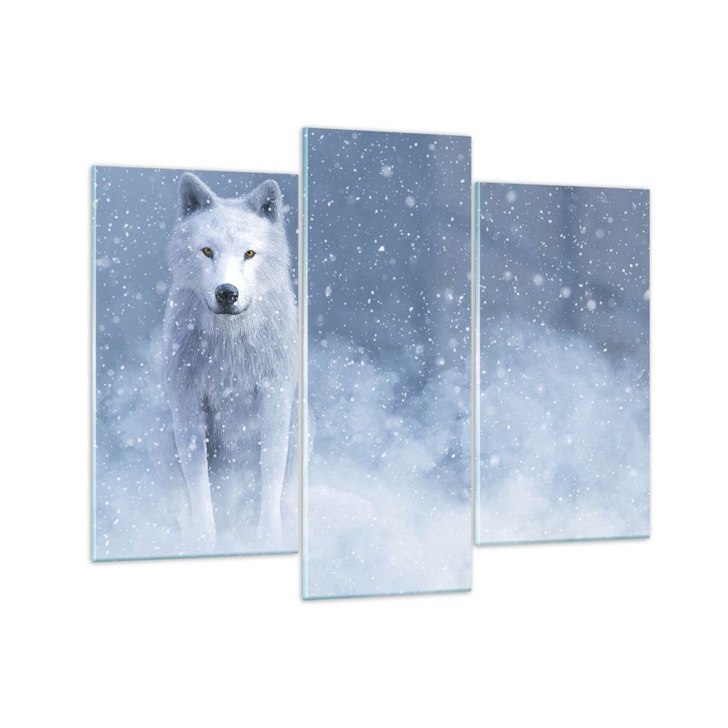 Bilder auf glas - 3 Teile - Weiß Wolf Schnee - 130x100cm - Glasbilder - Wandbilder - Bilder - zum Aufhängen bereit - Wanddekoration aus Glas - Gl...