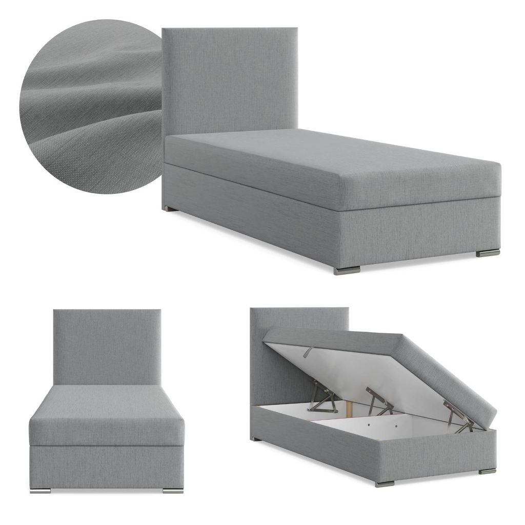 Boxspringbett mit Bettkasten, Einzelbett 90x200, Polsterbett mit Kopfteil, mit Bonell Matratze, Jugendbett, Kinderbett, Geflecht, ZONZA, Grau