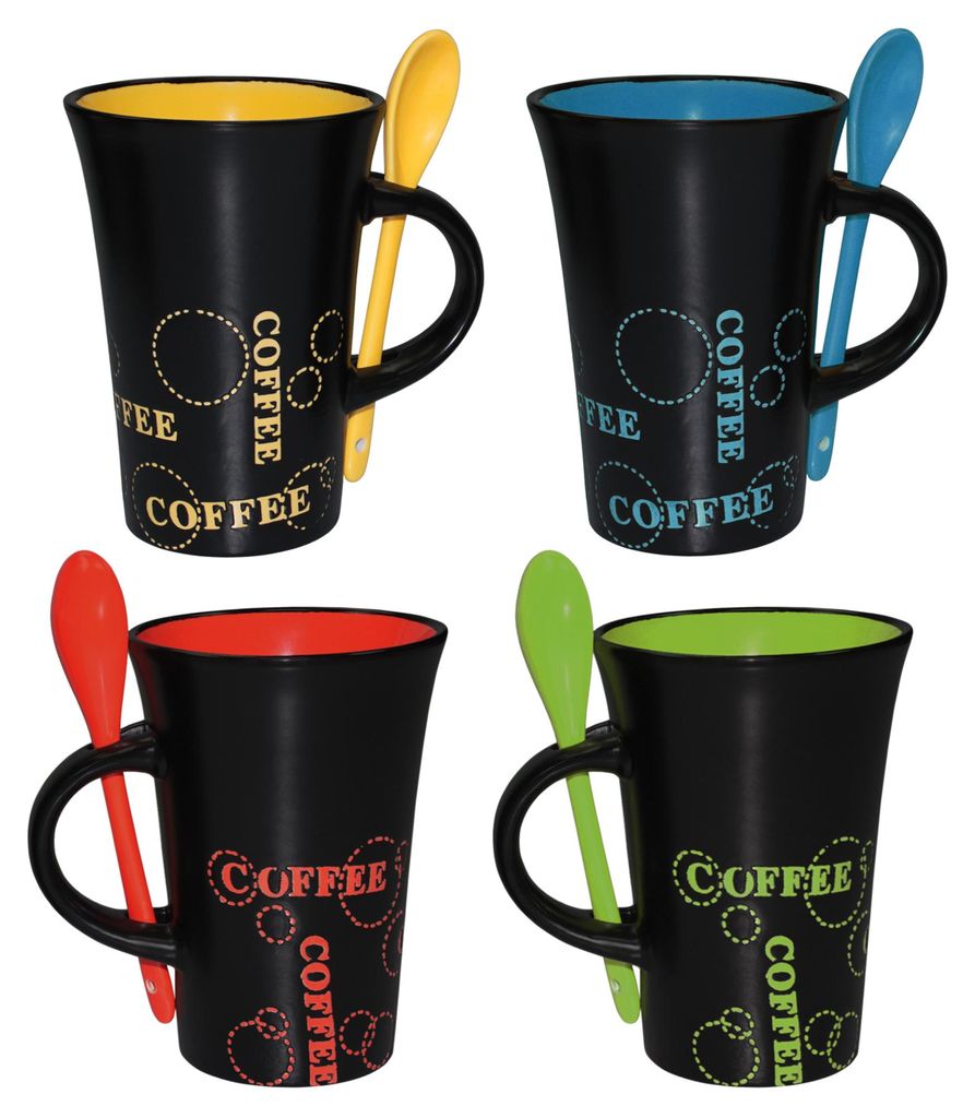 4er-Set Keramik Kaffeebecher & Löffel Kaffeetassen schwarz Produktbild 
