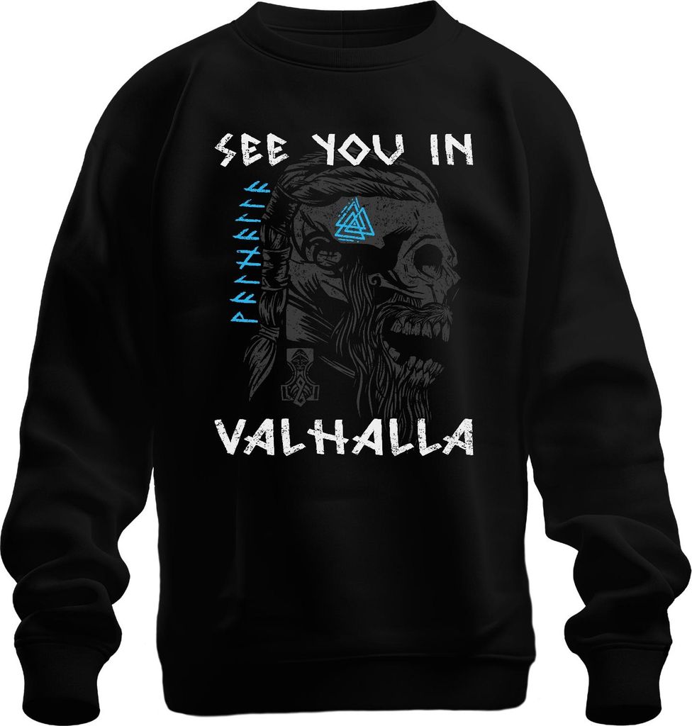 See you in Valhalla Wikinger Totenkopf Mjölnir Runen Mythologie Uni Sweatshirt Pullover, Schwarz, L