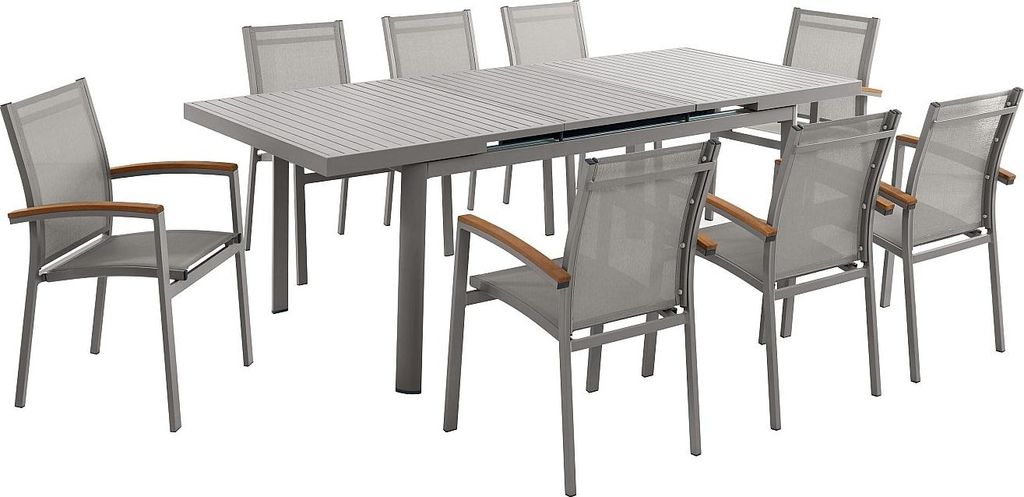 Gartenmöbel-Set aus Aluminium für den Essbereich: ausziehbarer Tisch, Länge 180/240 cm, und 8 stapelbare Stühle mit Armlehnen aus Akazienholz ...