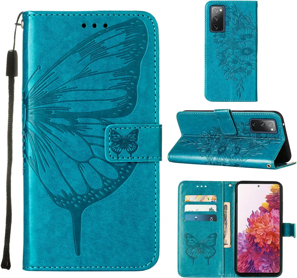 Galaxy S20 FE 4G Case, Butterfly Relief Flip Custodia in pelle con slot per schede e supporto per Samsung Galaxy S20 FE 4G / 5G blu