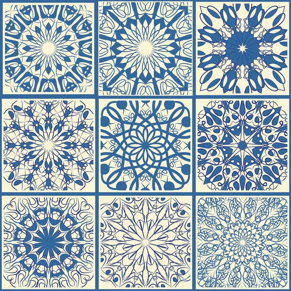 Selbstklebende Fliesenaufkleber für Küche und Bad – 9 Zementfliesenaufkleber im Azulejos-Stil, Desiderio – 9 Aufkleber, 15 x 15 cm