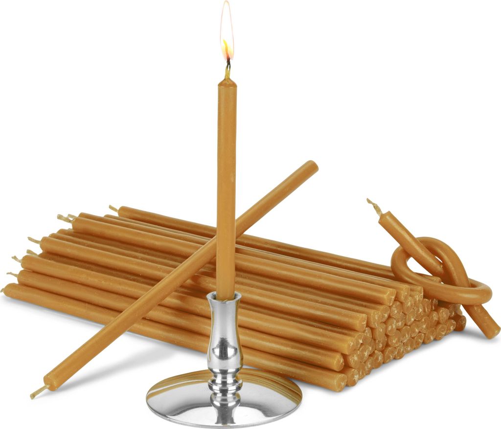 Kerzenhalter + Premium Bienenwachskerzen gelb Tropffrei L 16cm Opferkerzen 40095
