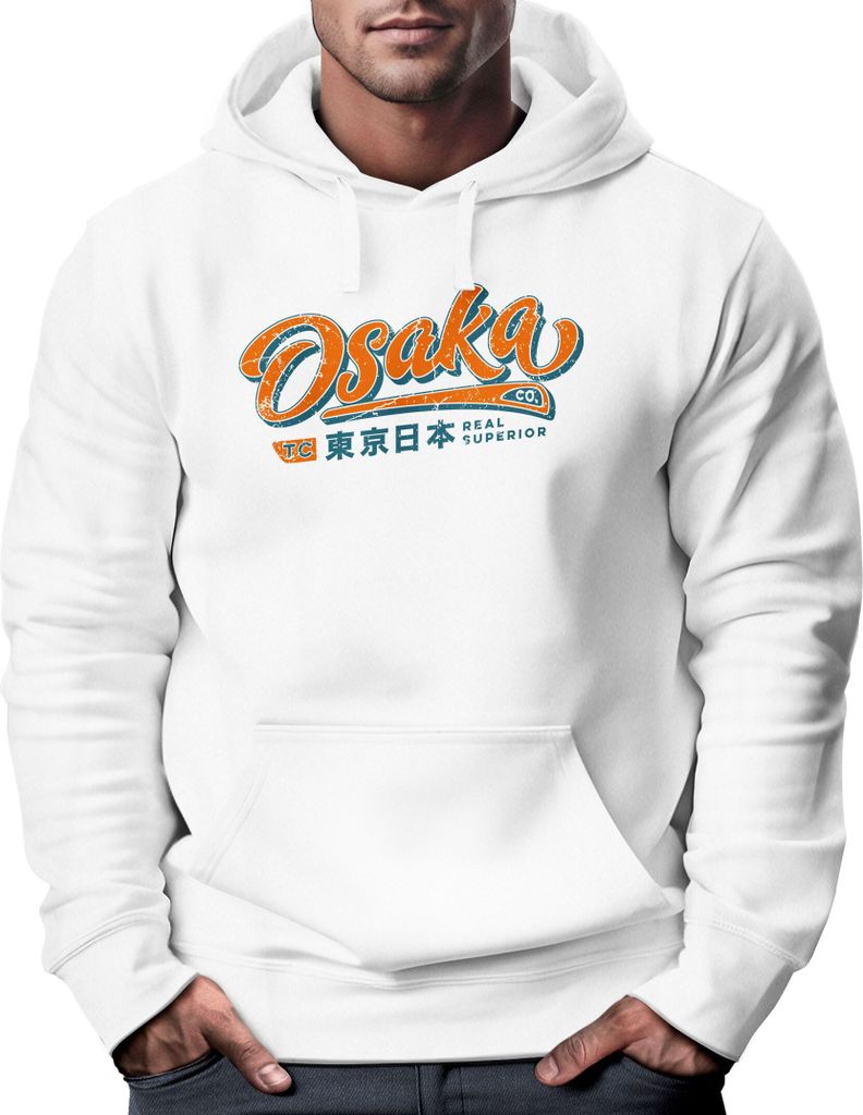 Hoodie Herren japanische Schriftzeichen Japan Schriftzug Osaka Kapuzen-Pullover Männer Fashion Streetstyle Neverless weiß 3XL