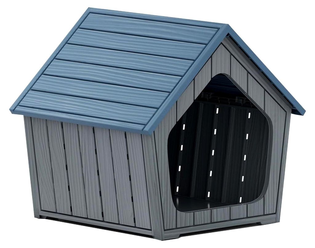 Hundehütte für den Außenbereich, Haustierunterkunft aus Kunststoff für Hunde und Katzen, Hundehaus mit schrägem Dach, Belüftungsöffnungen un...
