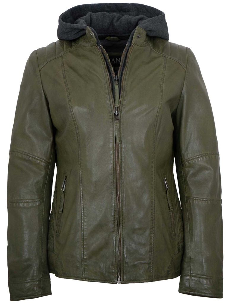 Jilani Collection - Damen Lederjacke Lammnappa Kapuze olive : 46